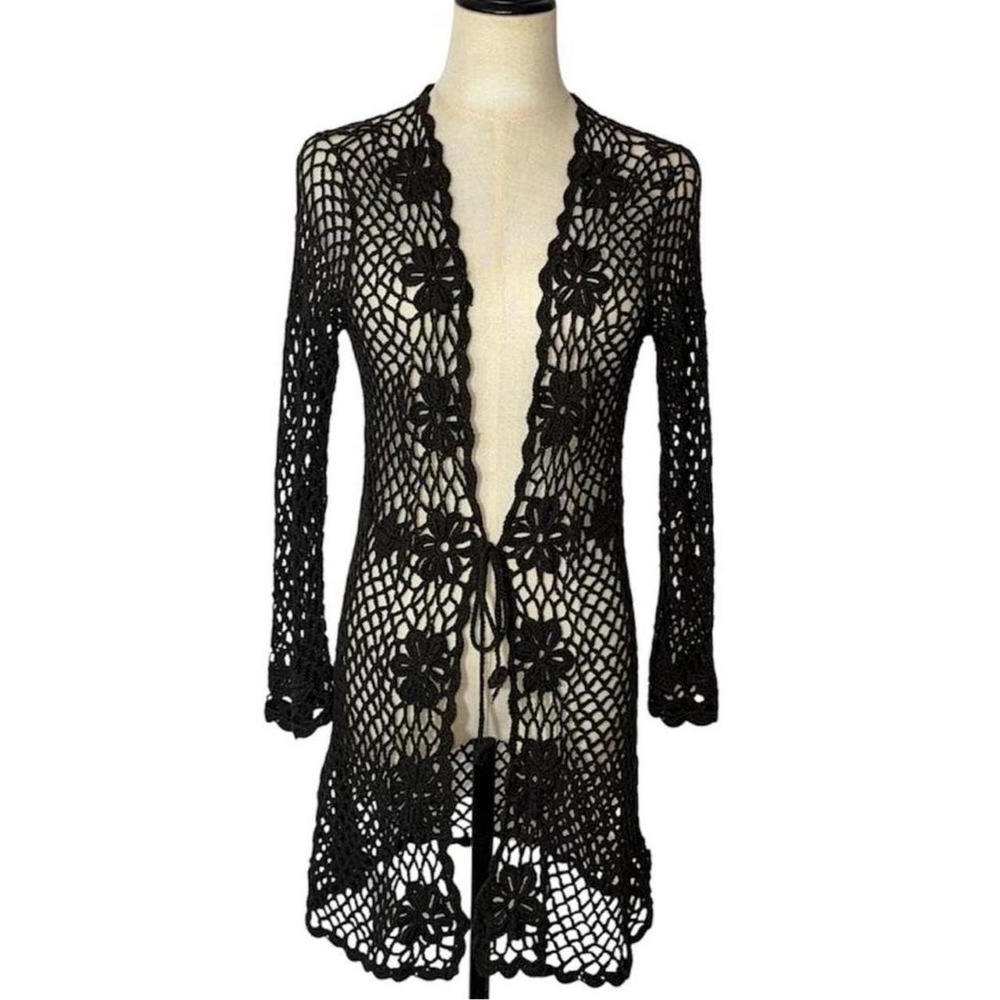 Brown floral crochet cardigan with bell sleeves and front tie details